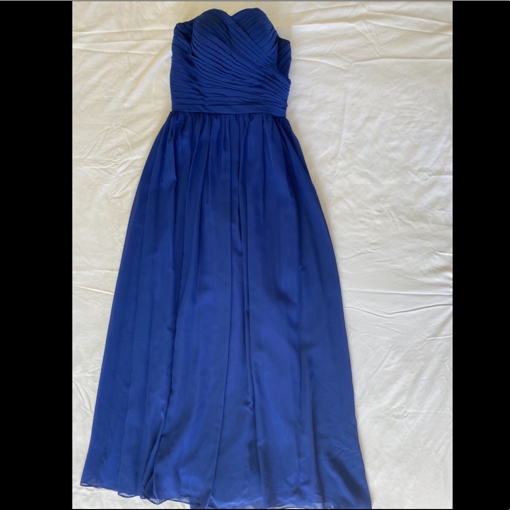 Floor length, deep blue bridesmaid dress